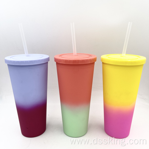 hot sale 22oz/650ml/24oz plastic Double Wall tumbler with color change tumbler with straw